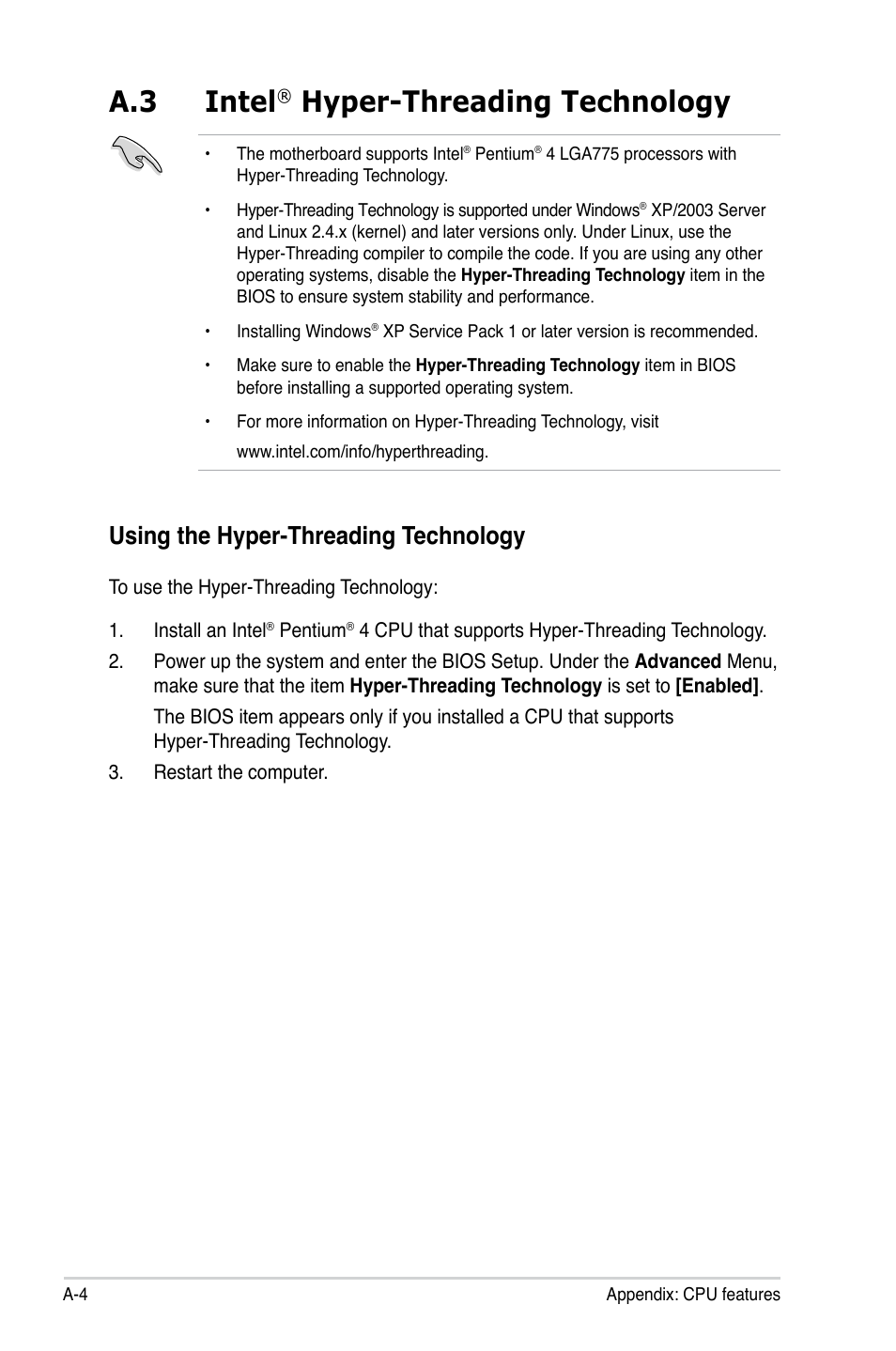 A.3 intel, Hyper-threading technology, Using the hyper-threading technology | Asus P5KPL-C/1600 User Manual | Page 98 / 98