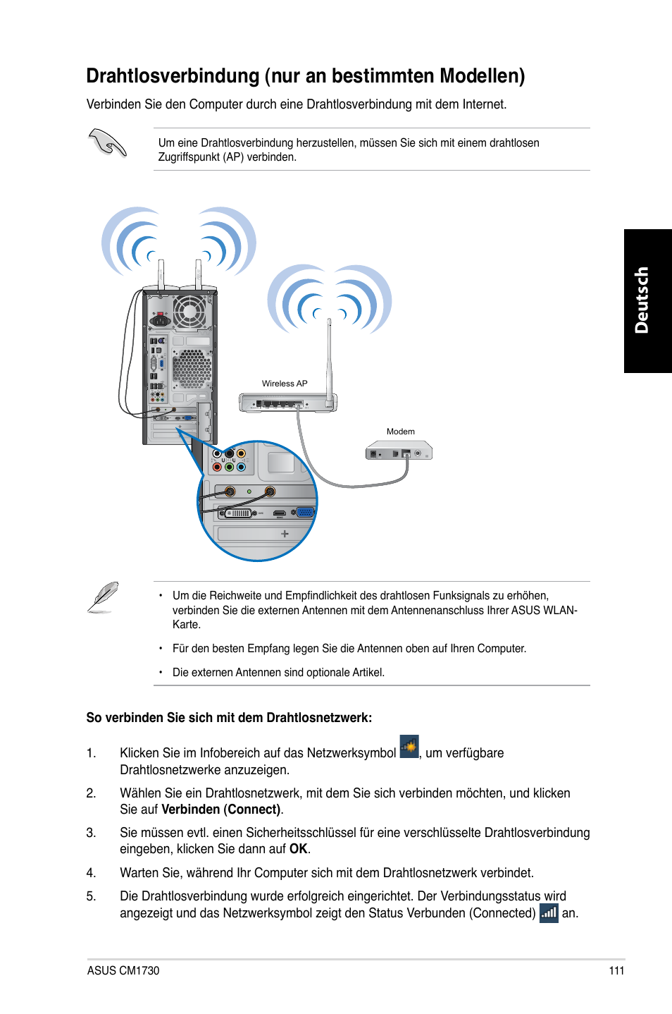 Drahtlosverbindung (nur an bestimmten modellen), Drahtlosverbindung.�nur.an.bestimmten.modellen, Deutsch d eutsch | Asus CM1730 User Manual | Page 113 / 332