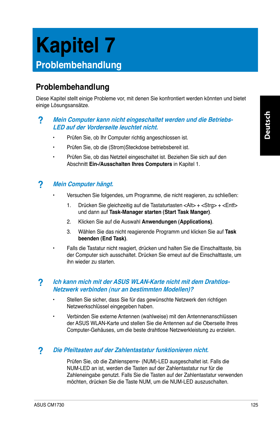 Kapitel 7, Problembehandlung, Kapitel.7 | Problembehandlung 5, Deutsch d eutsch | Asus CM1730 User Manual | Page 127 / 332