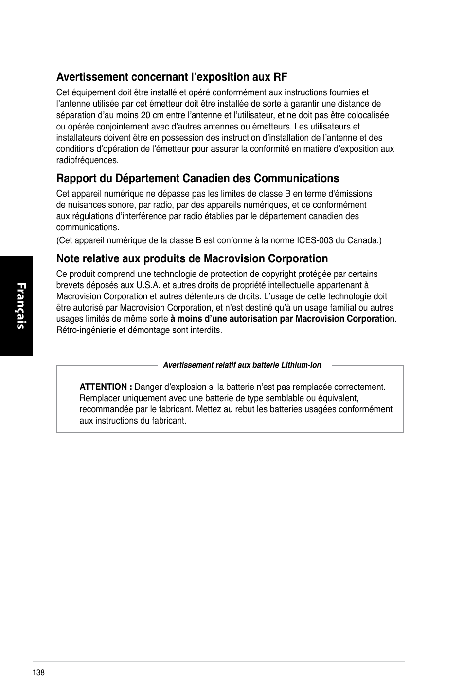 Fr ançais fr ançais fr ançais fr ançais | Asus CM1730 User Manual | Page 140 / 332