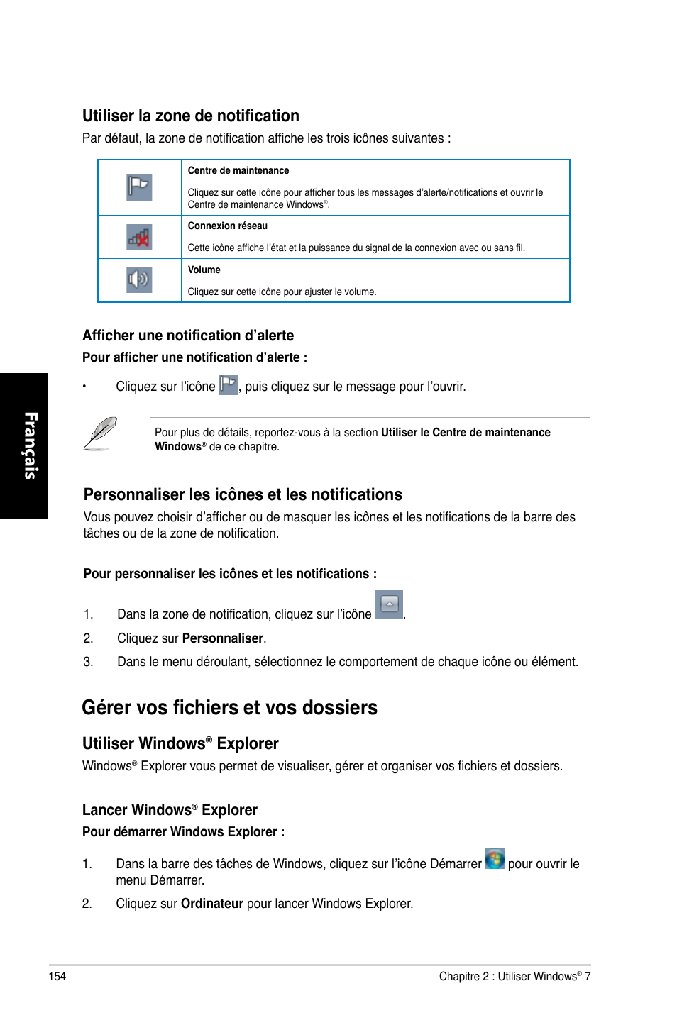 Gérer vos fichiers et vos dossiers, Fr ançais fr ançais fr ançais fr ançais, Utiliser la zone de notification | Personnaliser les icônes et les notifications, Utiliser.windows, Explorer | Asus CM1730 User Manual | Page 156 / 332