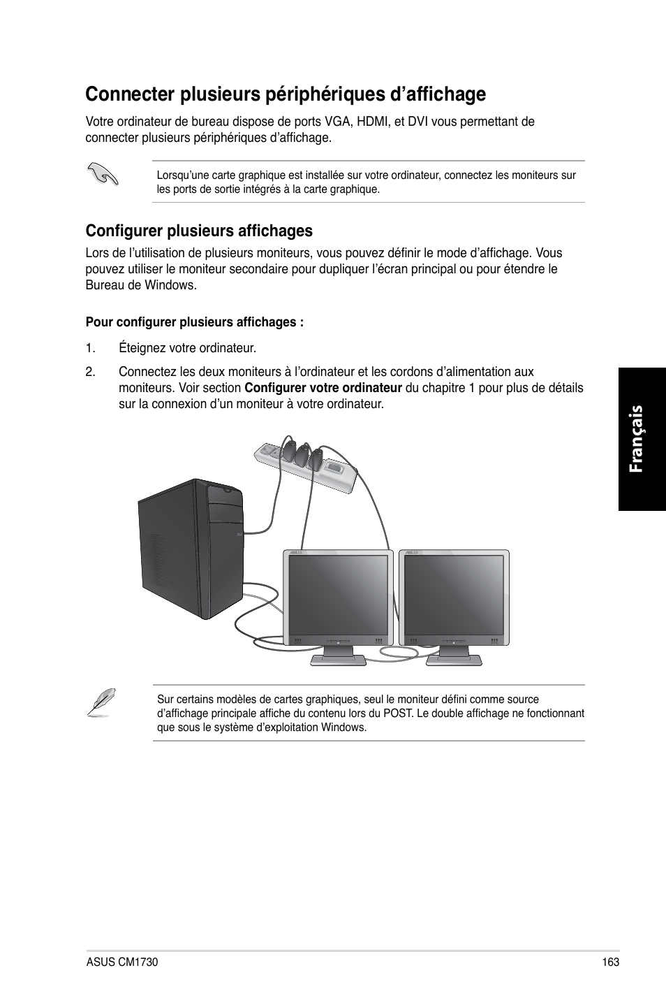 Connecter plusieurs périphériques d’affichage, Fr ançais fr ançais | Asus CM1730 User Manual | Page 165 / 332