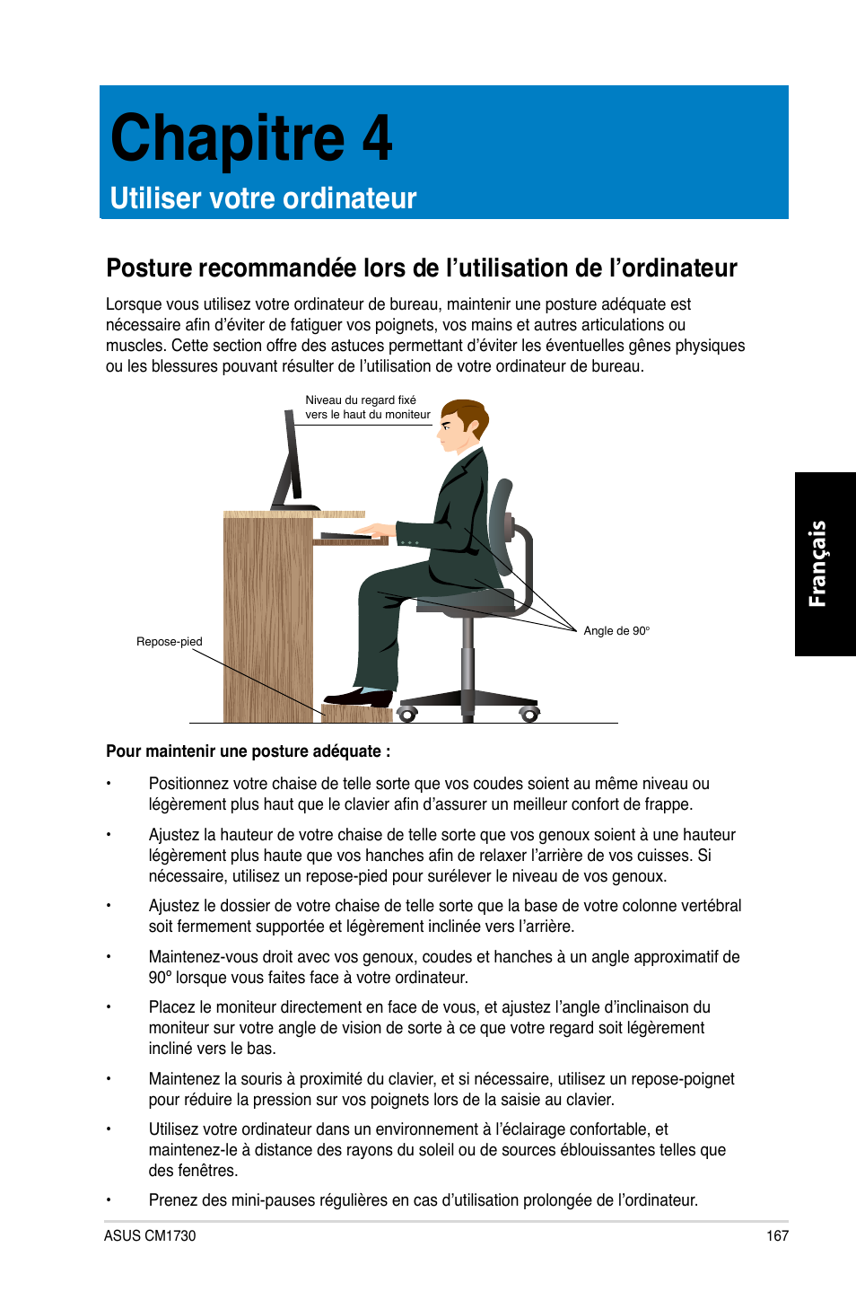 Chapitre 4, Utiliser votre ordinateur, Chapitre.4 | Utiliser.votre.ordinateur, Fr ançais fr ançais | Asus CM1730 User Manual | Page 169 / 332