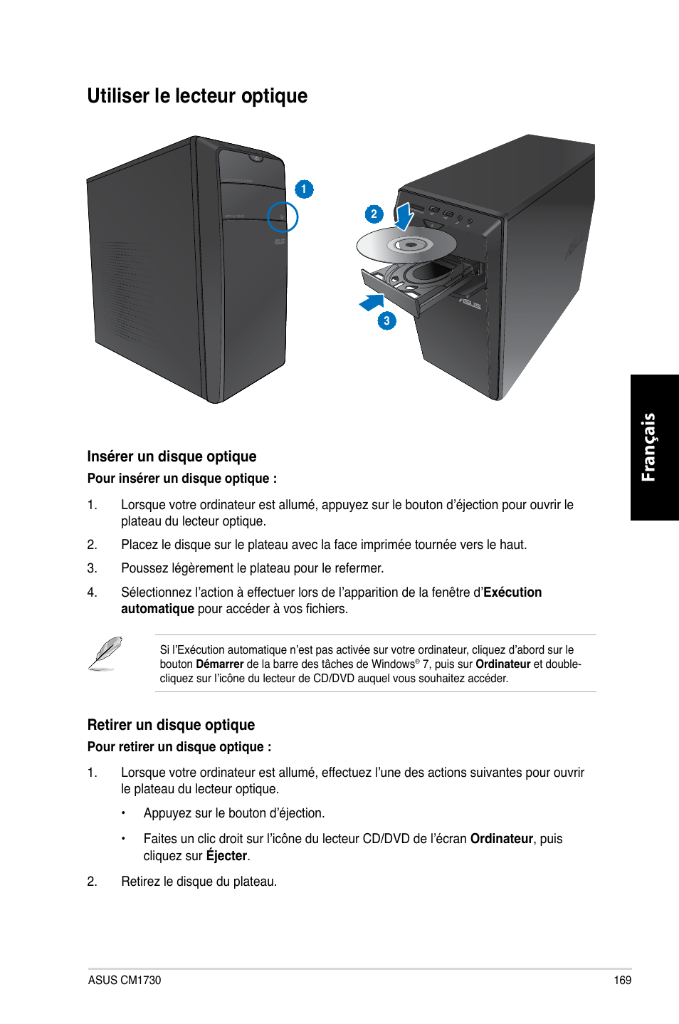 Utiliser le lecteur optique, Utiliser.le.lecteur.optique, Fr ançais fr ançais | Asus CM1730 User Manual | Page 171 / 332