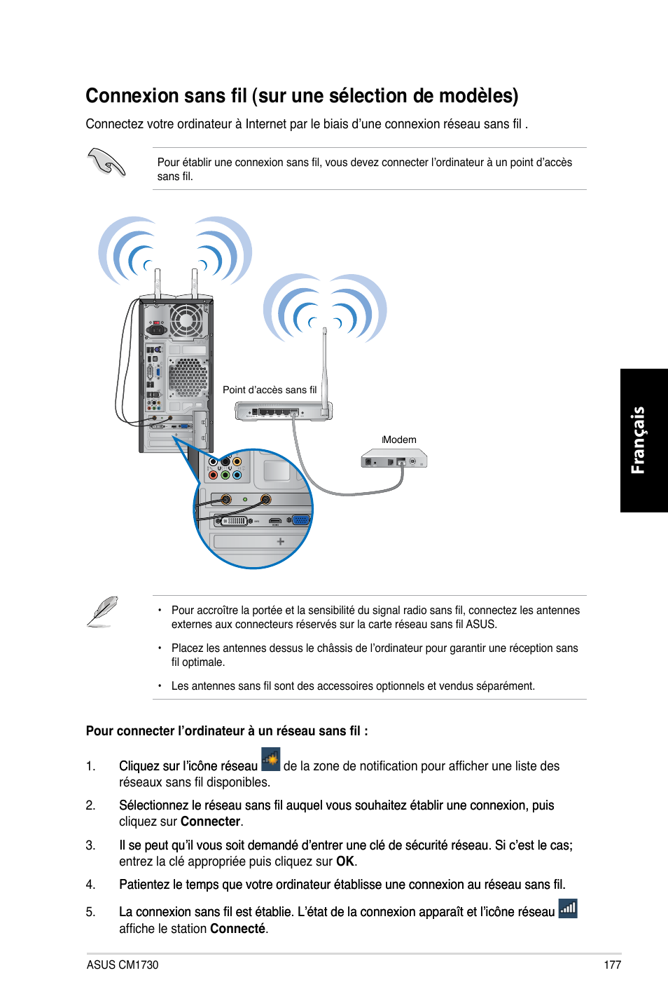 Connexion sans fil (sur une sélection de modèles), Connexion sans fil �sur une sélection de modèles, Fr ançais fr ançais | Asus CM1730 User Manual | Page 179 / 332