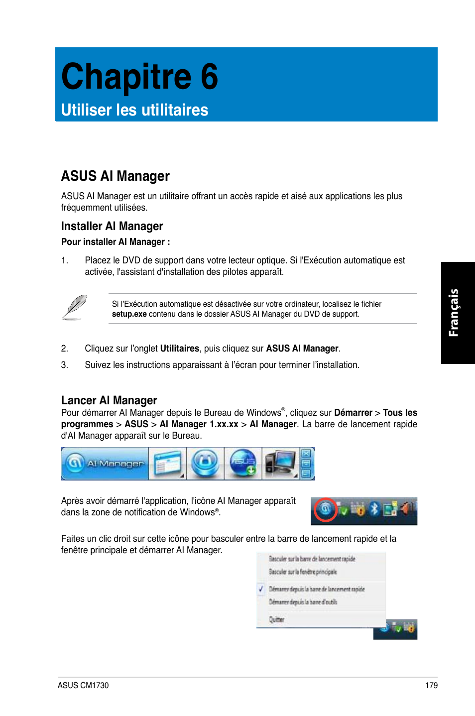 Chapitre 6, Utiliser les utilitaires, Asus ai manager | Chapitre.6, Utiliser.les.utilitaires, Asus.ai.manager, Fr ançais fr ançais | Asus CM1730 User Manual | Page 181 / 332