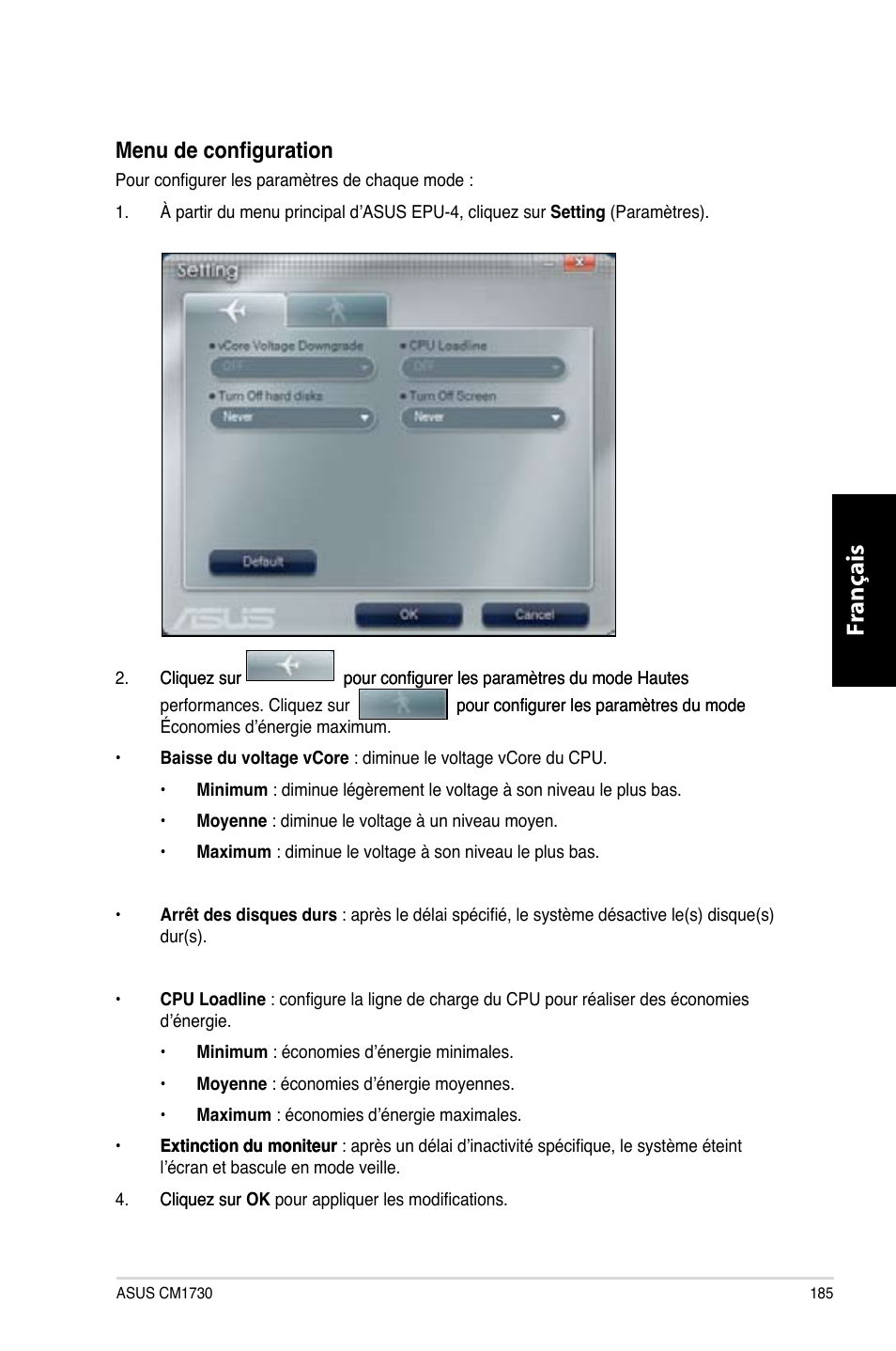 Fr ançais fr ançais, Menu de configuration | Asus CM1730 User Manual | Page 187 / 332