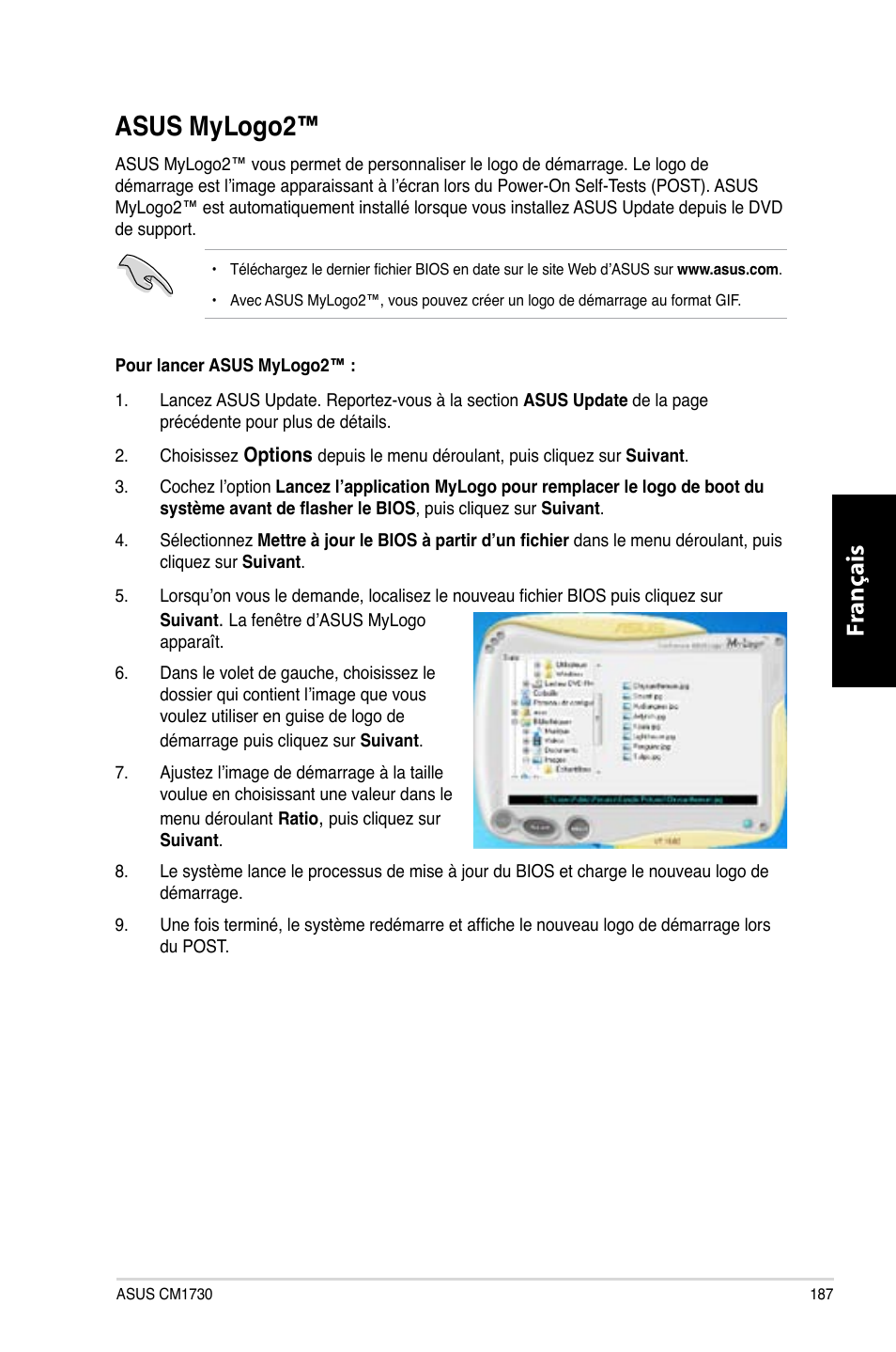 Asus mylogo2, Asus mylogo, Asus.mylogo2 | Fr ançais fr ançais | Asus CM1730 User Manual | Page 189 / 332