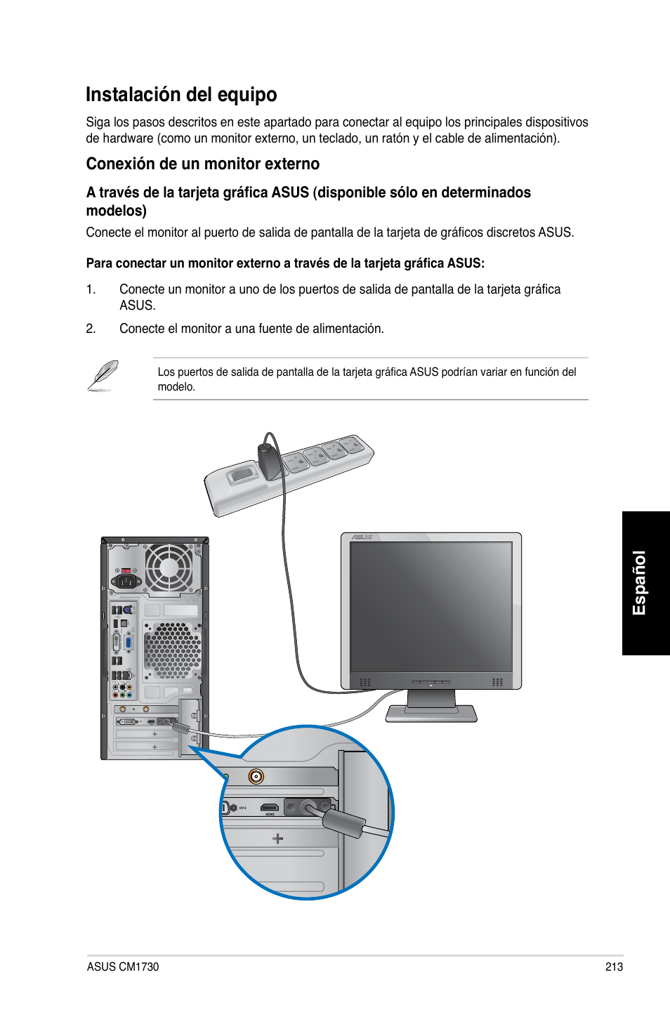 Instalación del equipo, Instalación.del.equipo, Español | Conexión.de.un.monitor.externo | Asus CM1730 User Manual | Page 215 / 332