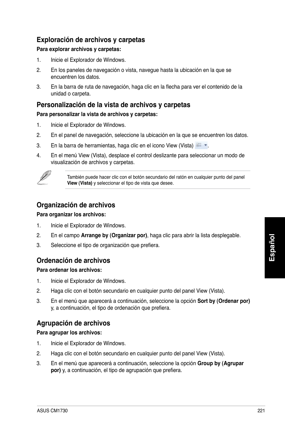 Español, Exploración.de.archivos.y.carpetas, Personalización.de.la.vista.de.archivos.y.carpetas | Organización.de.archivos, Ordenación.de.archivos, Agrupación.de.archivos | Asus CM1730 User Manual | Page 223 / 332