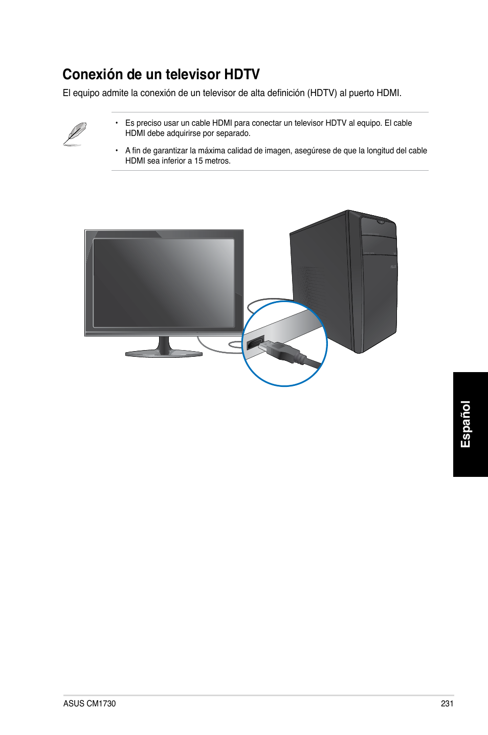 Conexión de un televisor hdtv, Conexión.de.un.televisor.hdt, Español | Asus CM1730 User Manual | Page 233 / 332