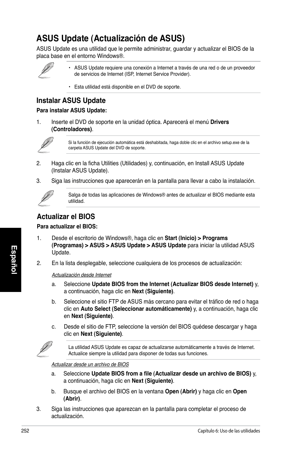 Asus.update.�actualización.de.asus, Español, Instalar.asus.update | Actualizar.el.bios | Asus CM1730 User Manual | Page 254 / 332