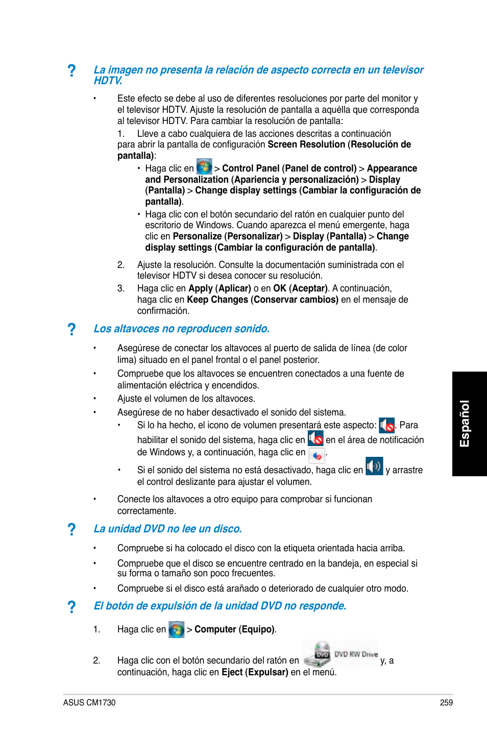 Español | Asus CM1730 User Manual | Page 261 / 332