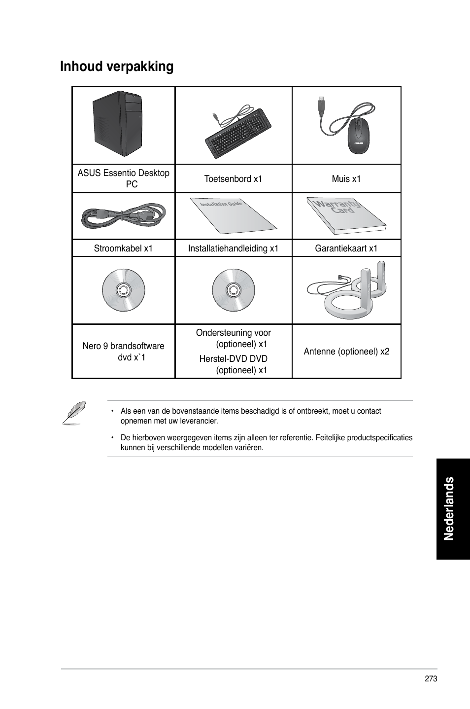 Inhoud verpakking, Inhoud.verpakking, Nederlands | Asus CM1730 User Manual | Page 275 / 332