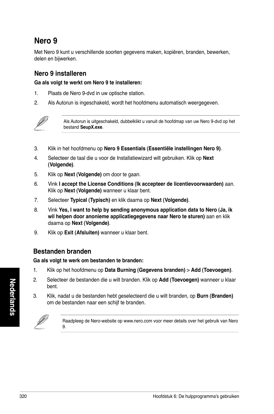 Nero 9, Nero.9, Nederlands | Nero.9.installeren, Bestanden.branden | Asus CM1730 User Manual | Page 322 / 332