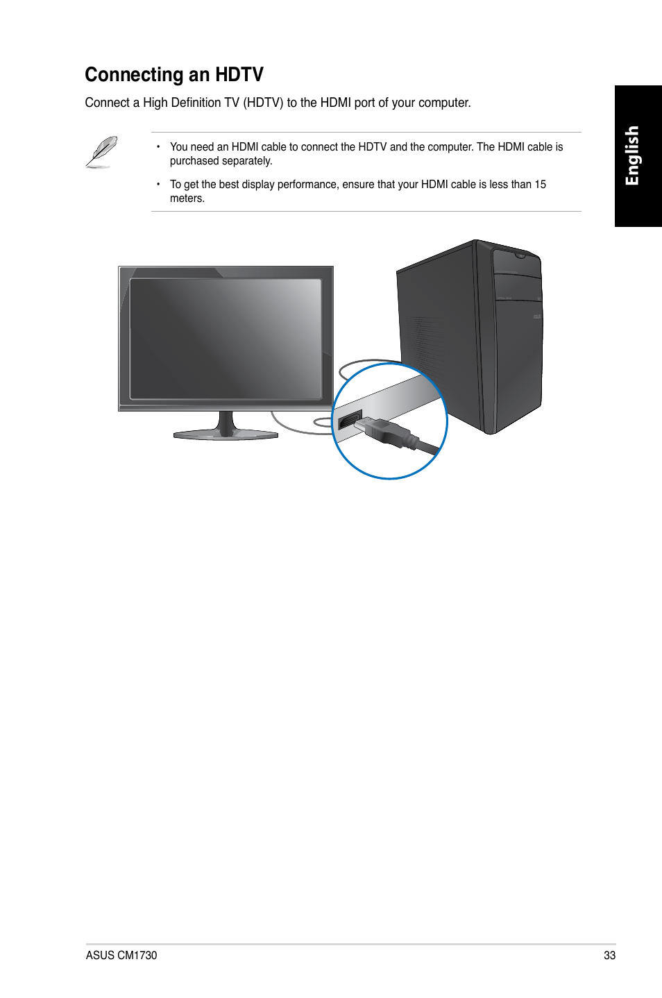 Connecting an hdtv, Connecting.an.hdt, English | Asus CM1730 User Manual | Page 35 / 332