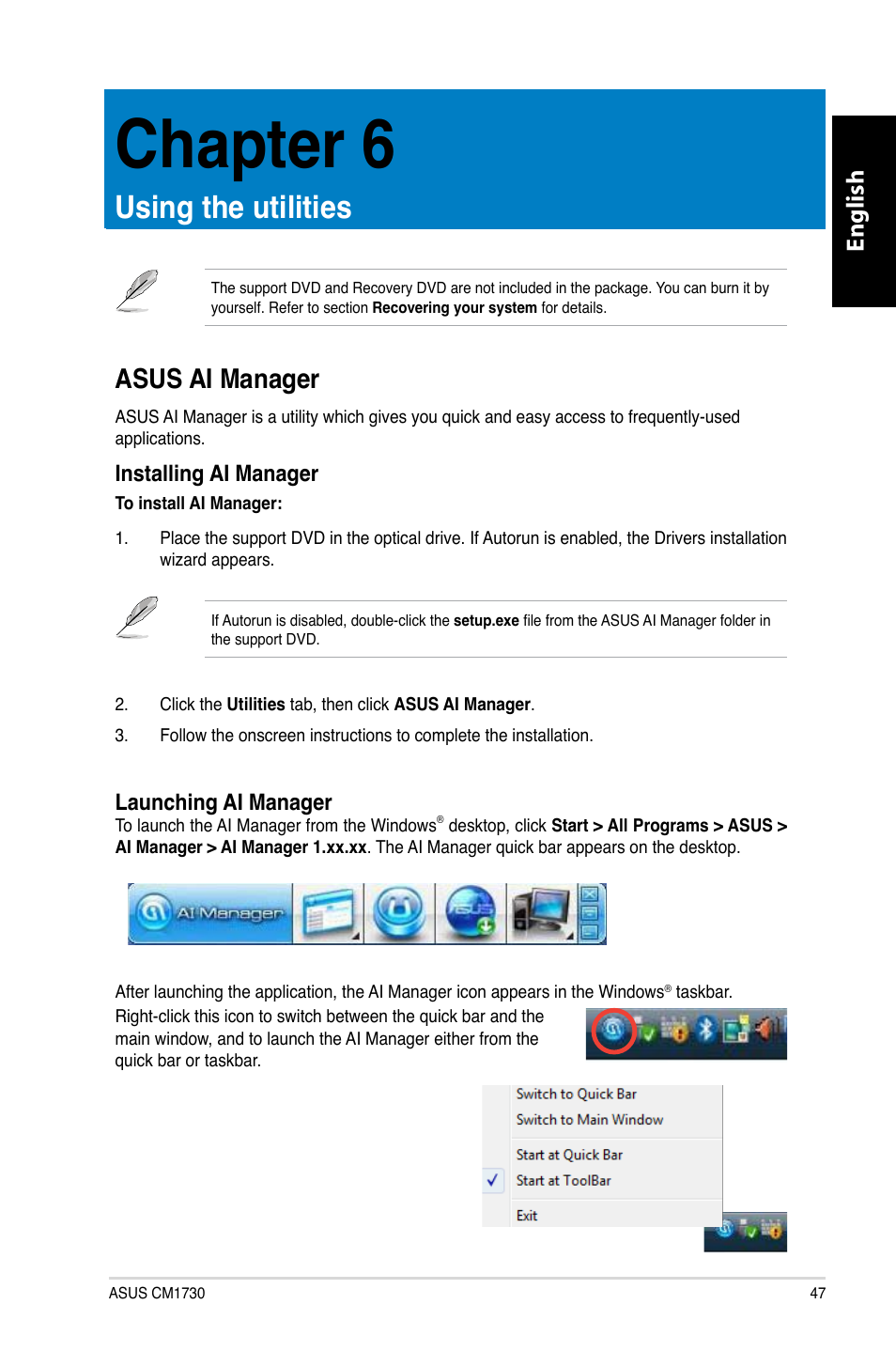 Chapter 6, Using the utilities, Asus ai manager | Chapter.6, Using.the.utilities, Asus.ai.manager, English | Asus CM1730 User Manual | Page 49 / 332