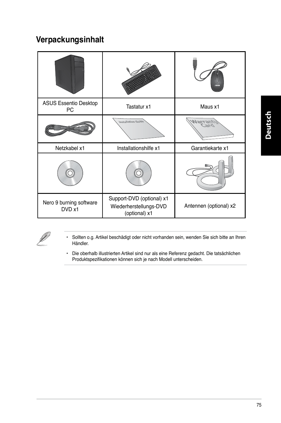 Verpackungsinhalt, Erpackungsinhalt, Deutsch d eutsch d eutsch d eutsch | Asus CM1730 User Manual | Page 77 / 332