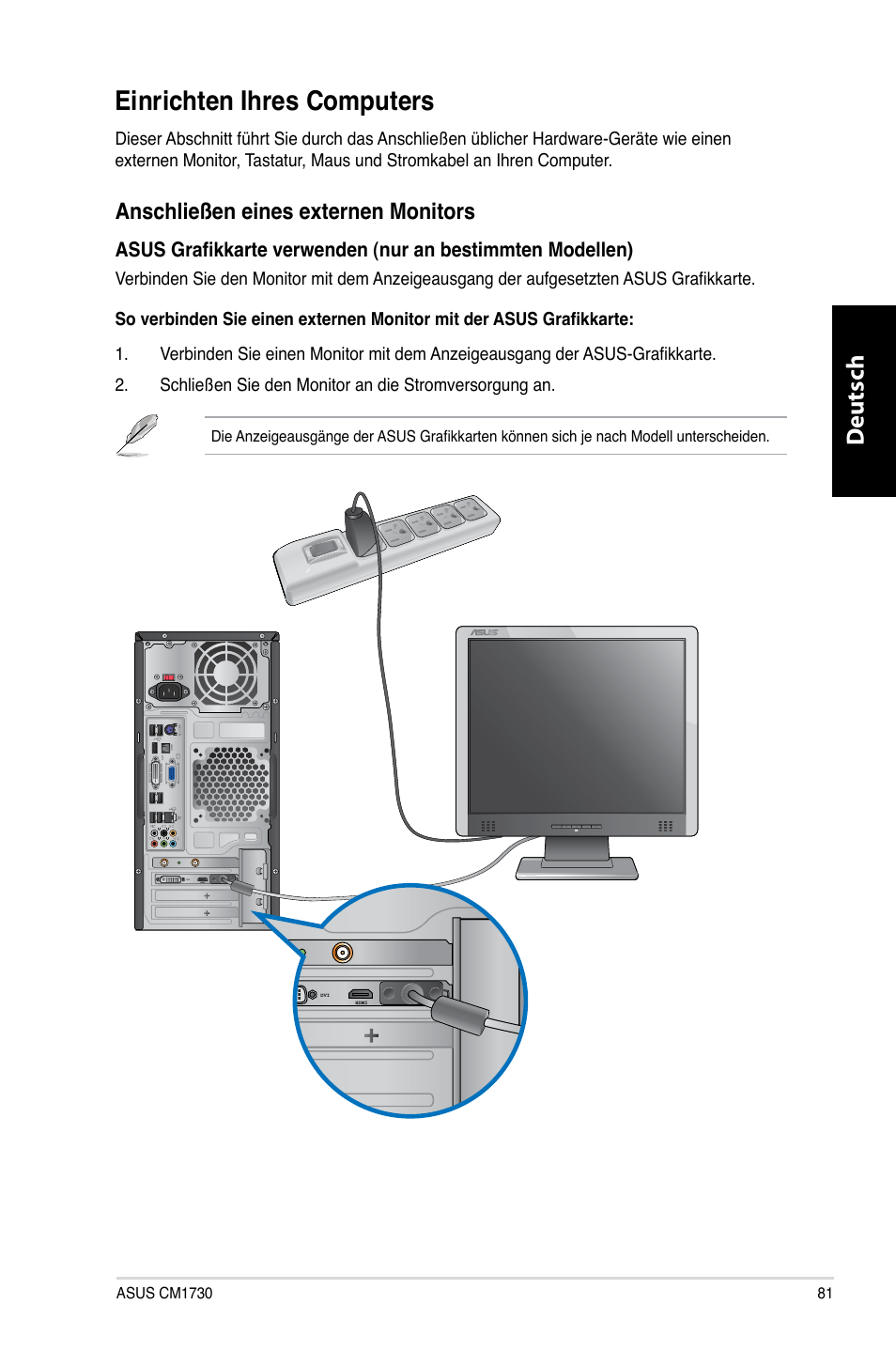 Einrichten ihres computers, Deutsch d eutsch, Anschließen.eines.externen.monitors | Asus CM1730 User Manual | Page 83 / 332