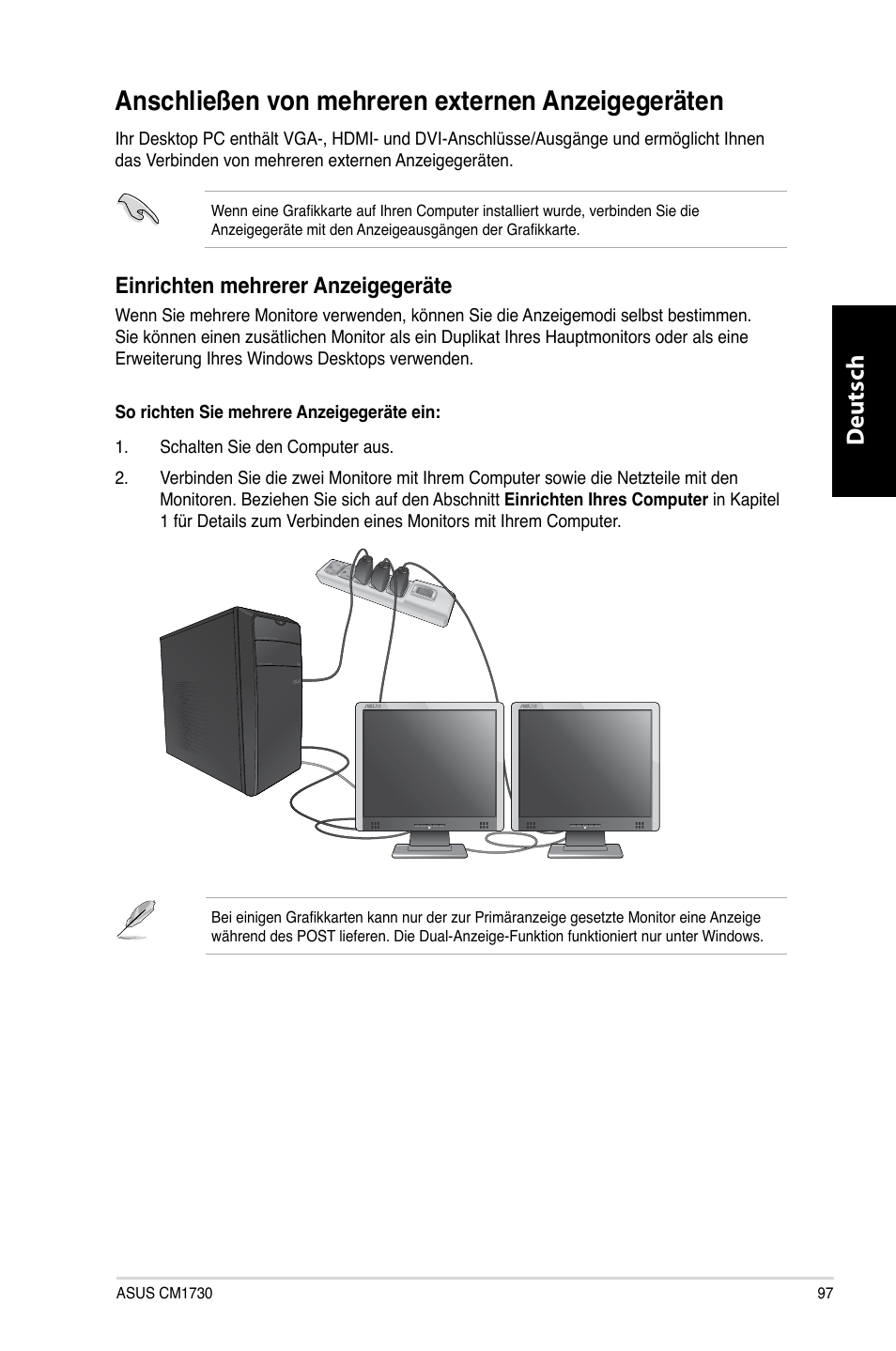 Anschließen von mehreren externen anzeigegeräten, Anschließen.von.mehreren.externen.anzeigegeräten, Deutsch d eutsch | Asus CM1730 User Manual | Page 99 / 332