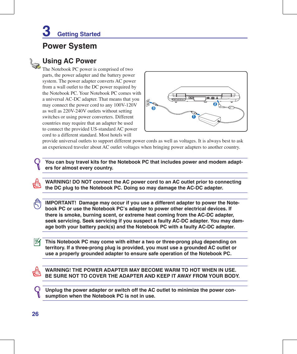 Power system, Using ac power | Asus W90V User Manual | Page 26 / 95