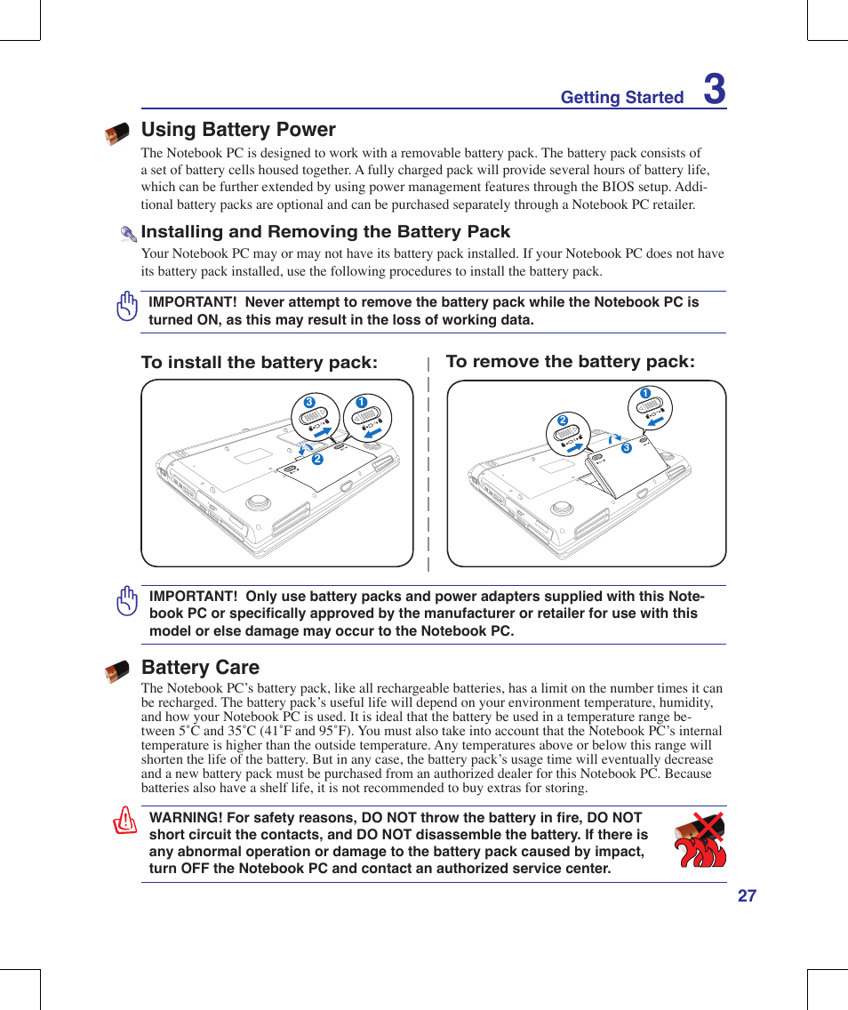 Battery care, Using battery power, 2 getting started | Installing and removing the battery pack | Asus W90V User Manual | Page 27 / 95