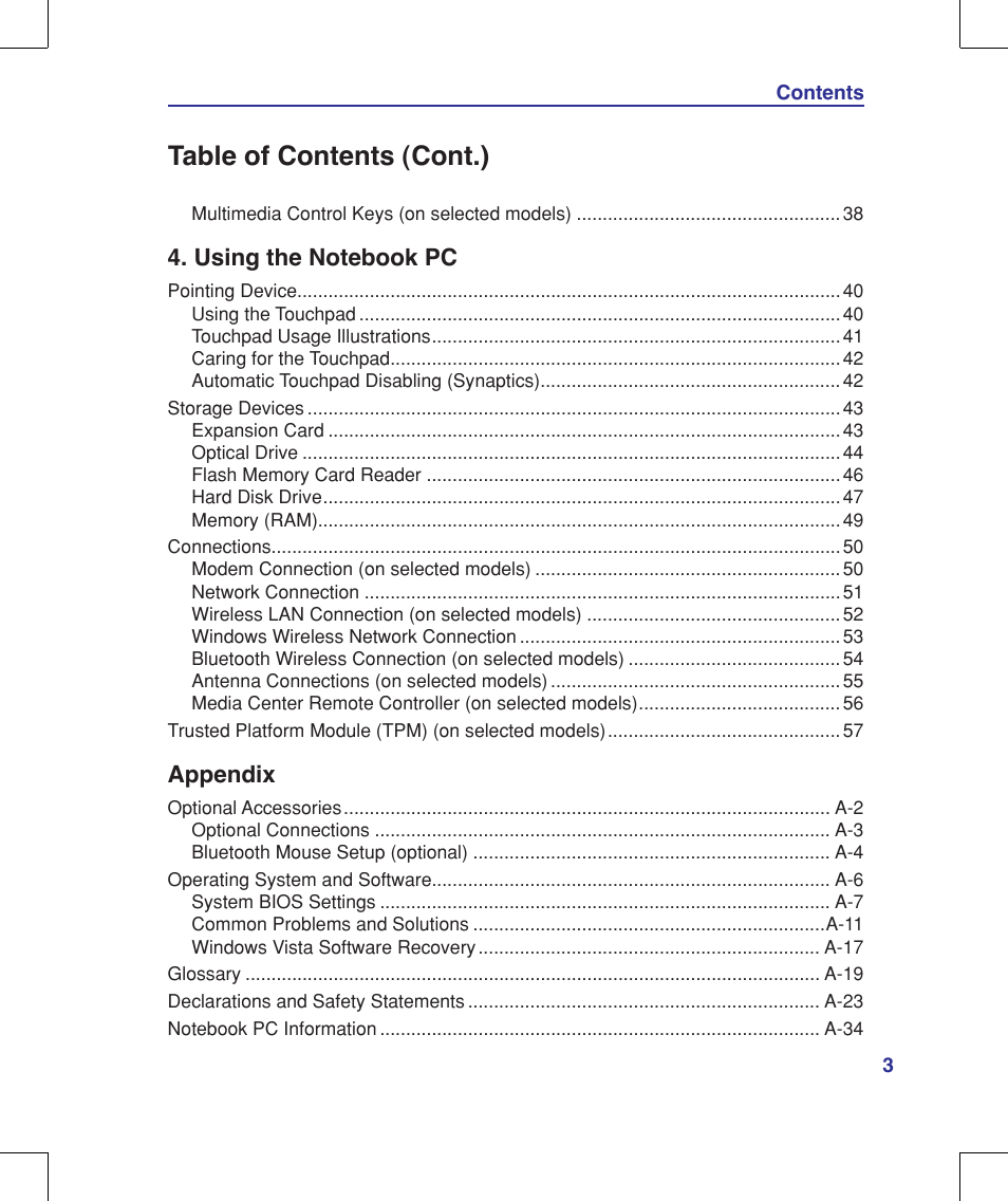 Table of contents (cont.), Appendix | Asus W90V User Manual | Page 3 / 95