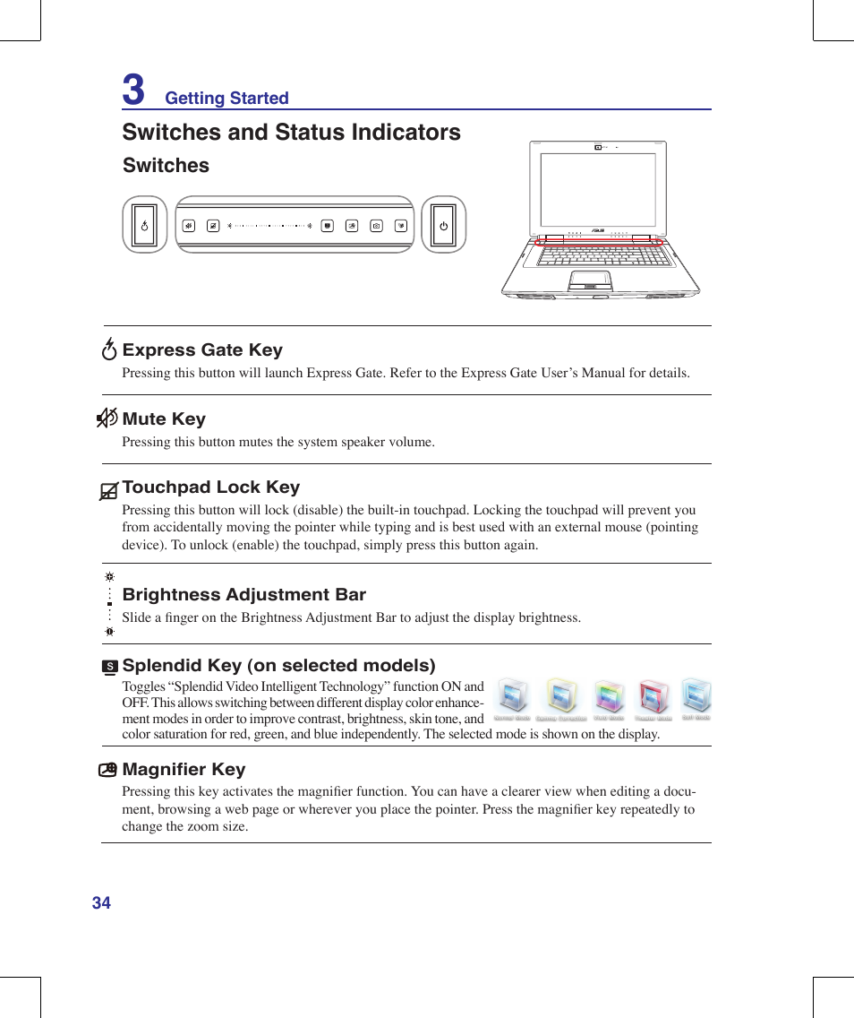 Switches and status indicators, Switches | Asus W90V User Manual | Page 34 / 95