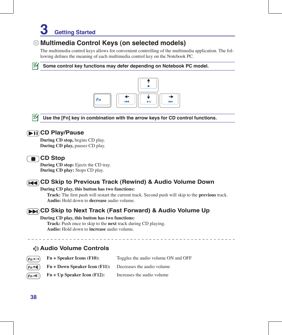 Multimedia control keys (on selected models) | Asus W90V User Manual | Page 38 / 95