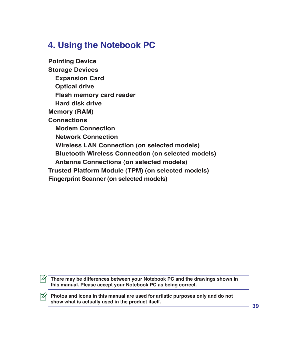 Using the notebook pc | Asus W90V User Manual | Page 39 / 95