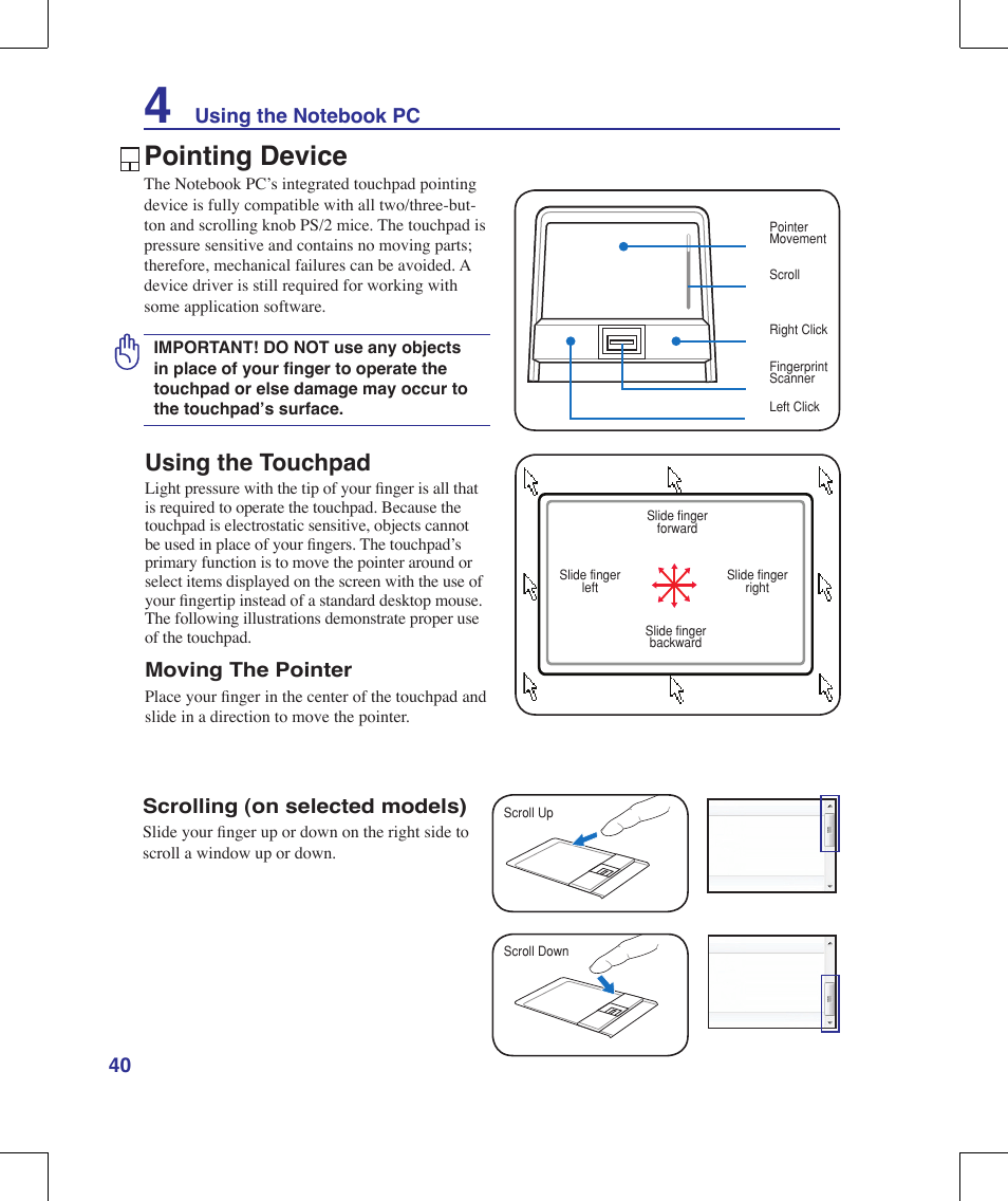 Pointing device, Using the touchpad | Asus W90V User Manual | Page 40 / 95