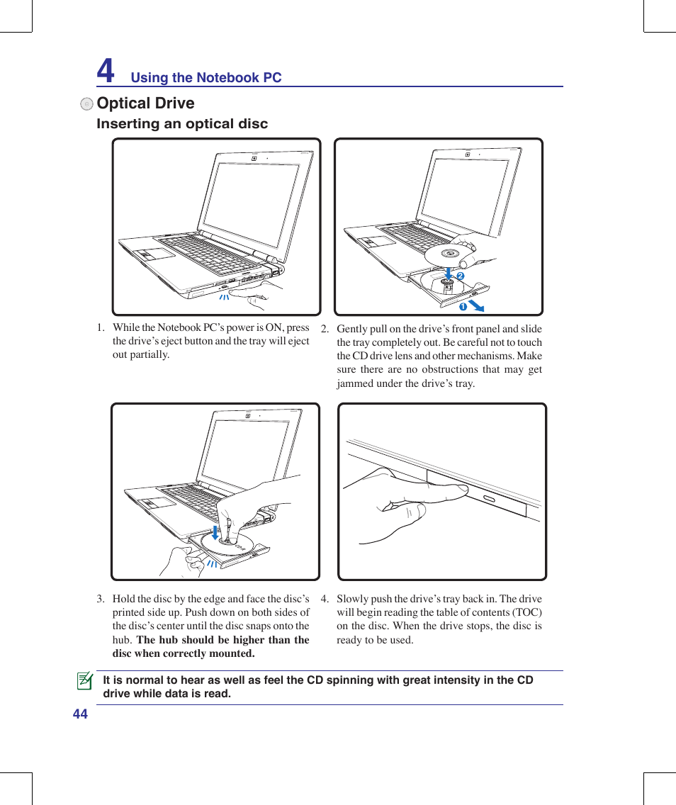 Optical drive | Asus W90V User Manual | Page 44 / 95