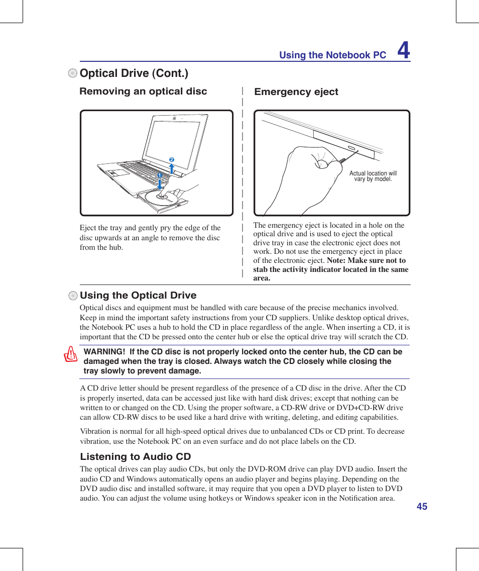Optical drive (cont.) | Asus W90V User Manual | Page 45 / 95