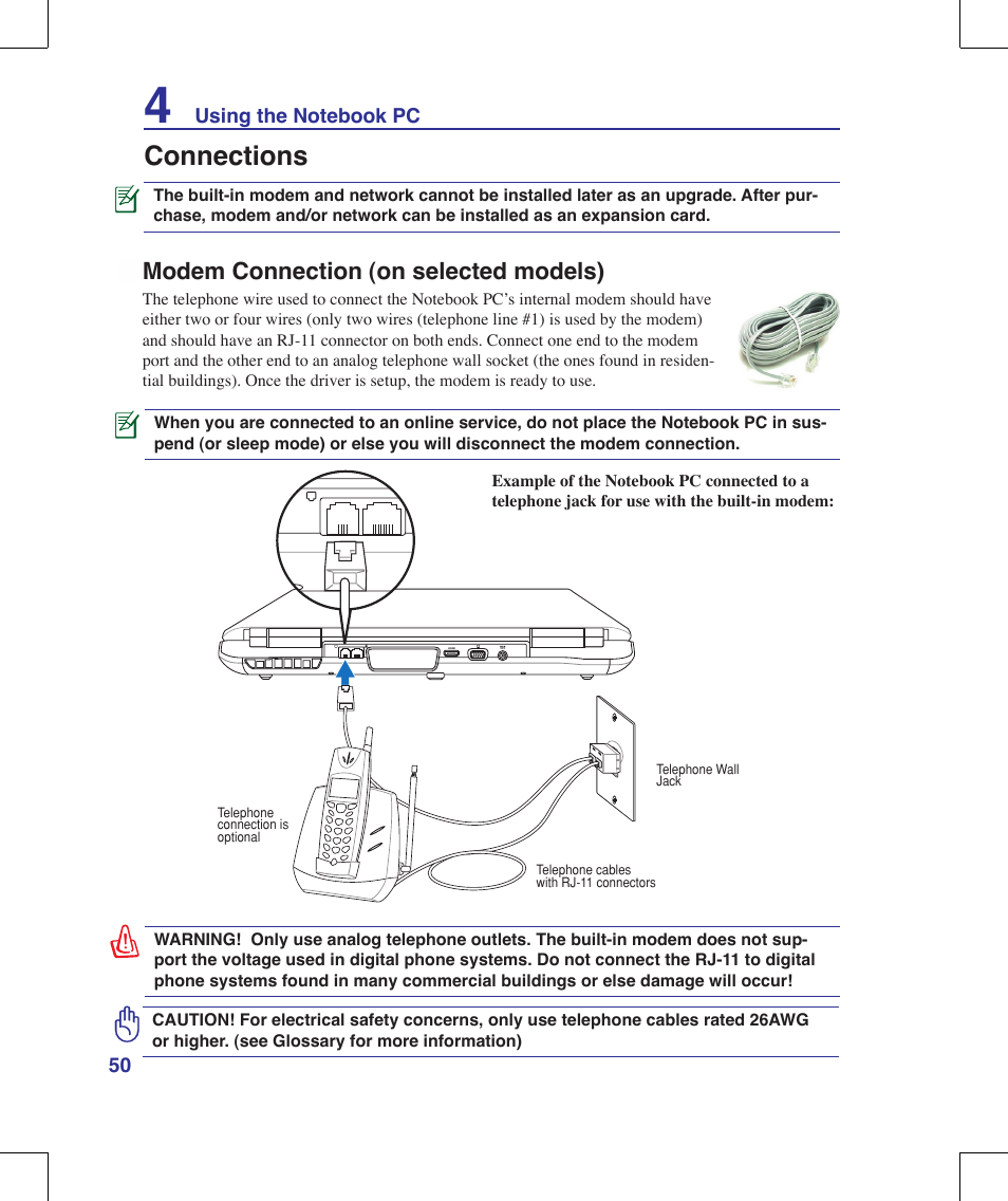 Connections, Modem connection (on selected models) | Asus W90V User Manual | Page 50 / 95