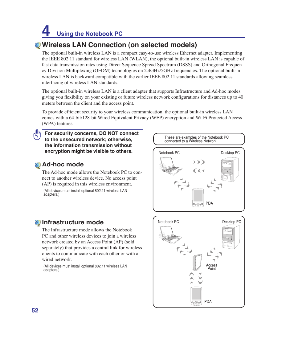 Wireless lan connection (on selected models) | Asus W90V User Manual | Page 52 / 95