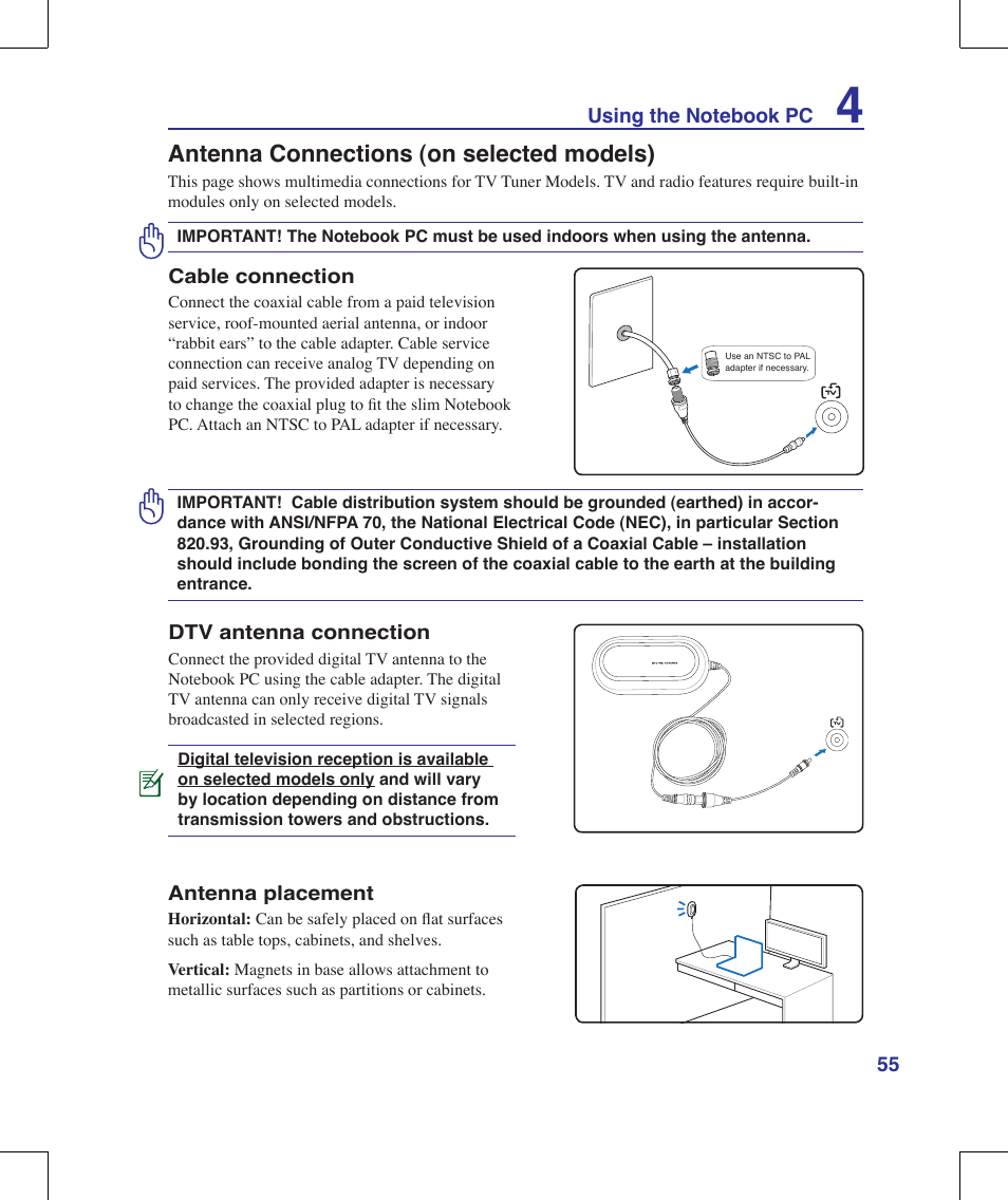 Antenna connections (on selected models) | Asus W90V User Manual | Page 55 / 95