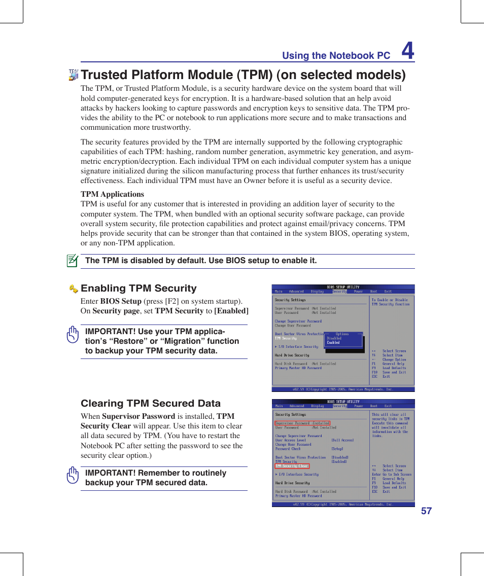 Trusted platform module (tpm) (on selected models) | Asus W90V User Manual | Page 57 / 95