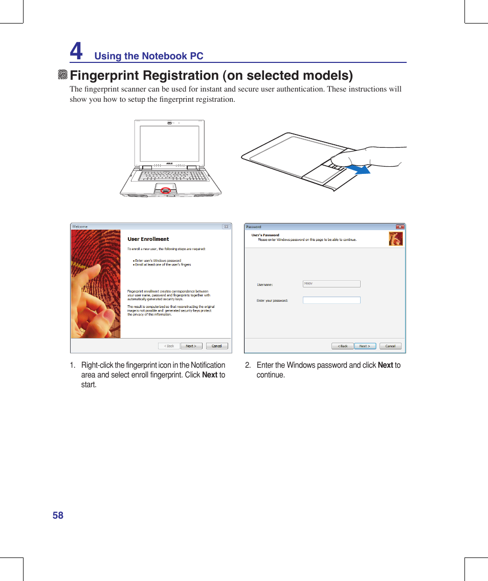 Fingerprint registration (on selected models) | Asus W90V User Manual | Page 58 / 95