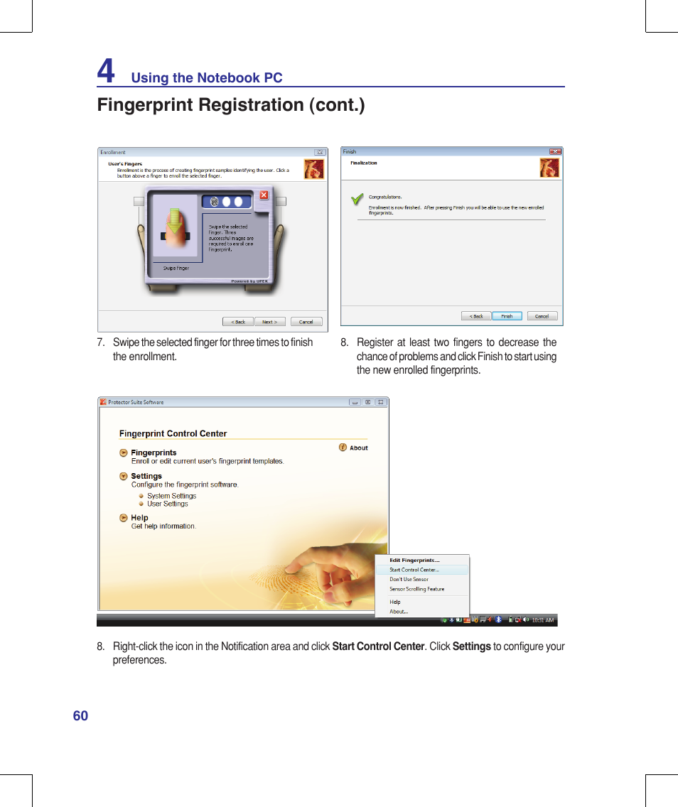 Fingerprint registration (cont.) | Asus W90V User Manual | Page 60 / 95