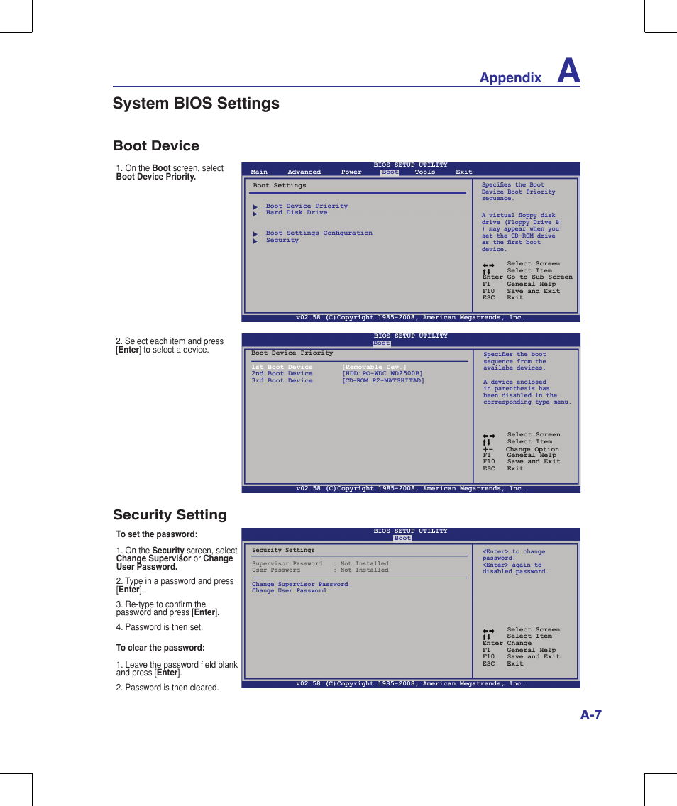 System bios settings, Appendix, Boot device | Security setting | Asus W90V User Manual | Page 67 / 95