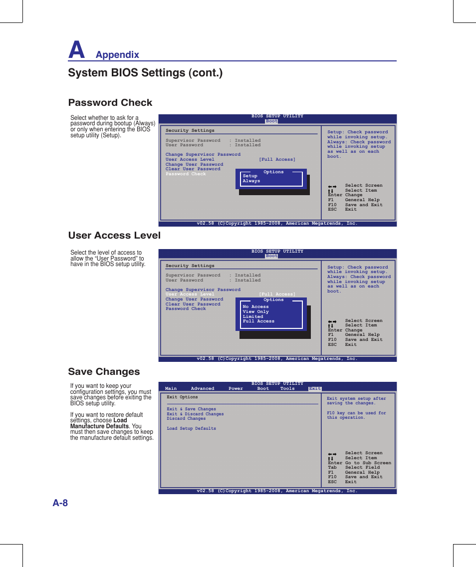 System bios settings (cont.), Appendix a-8 password check, User access level save changes | Asus W90V User Manual | Page 68 / 95