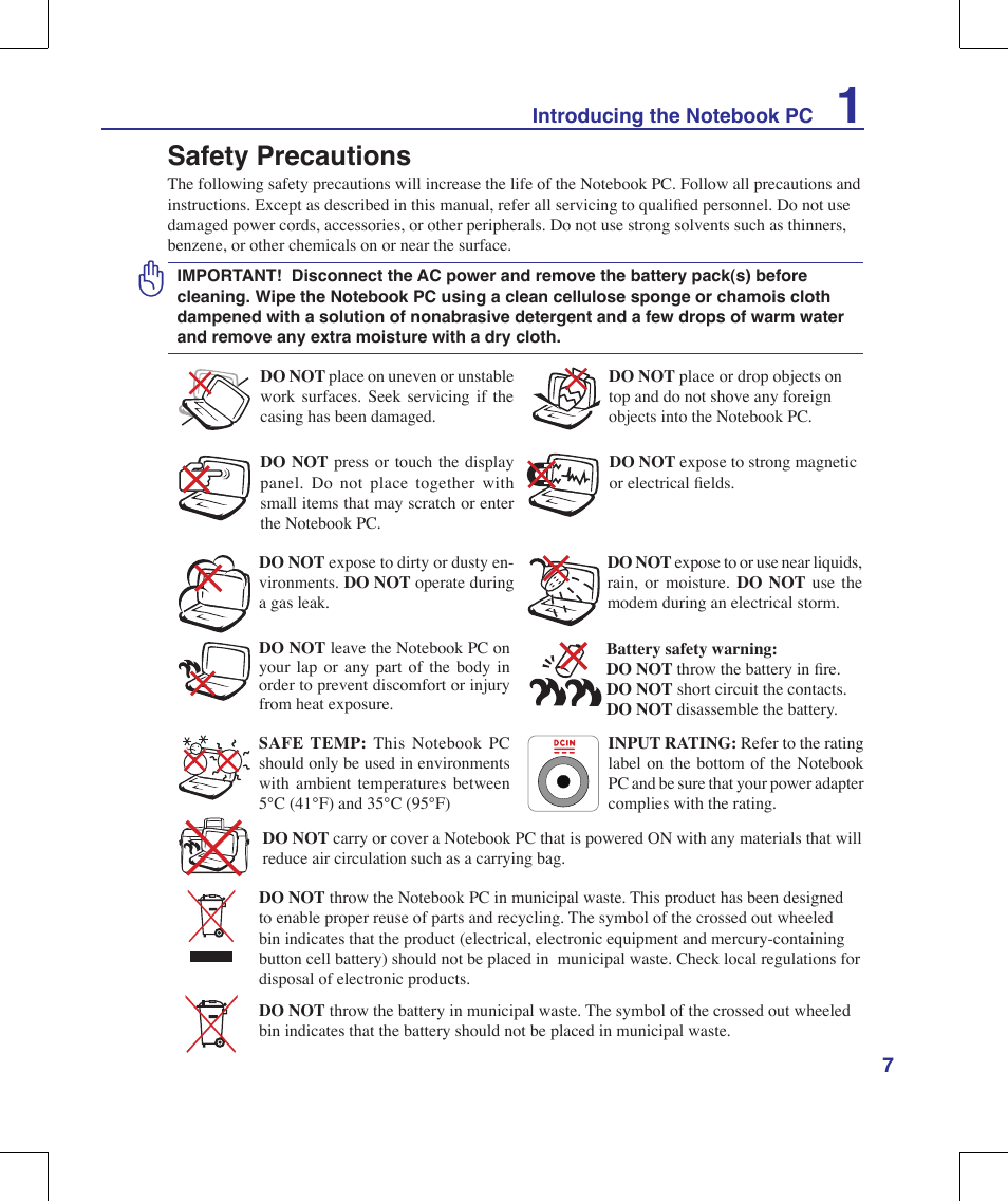 Safety precautions | Asus W90V User Manual | Page 7 / 95