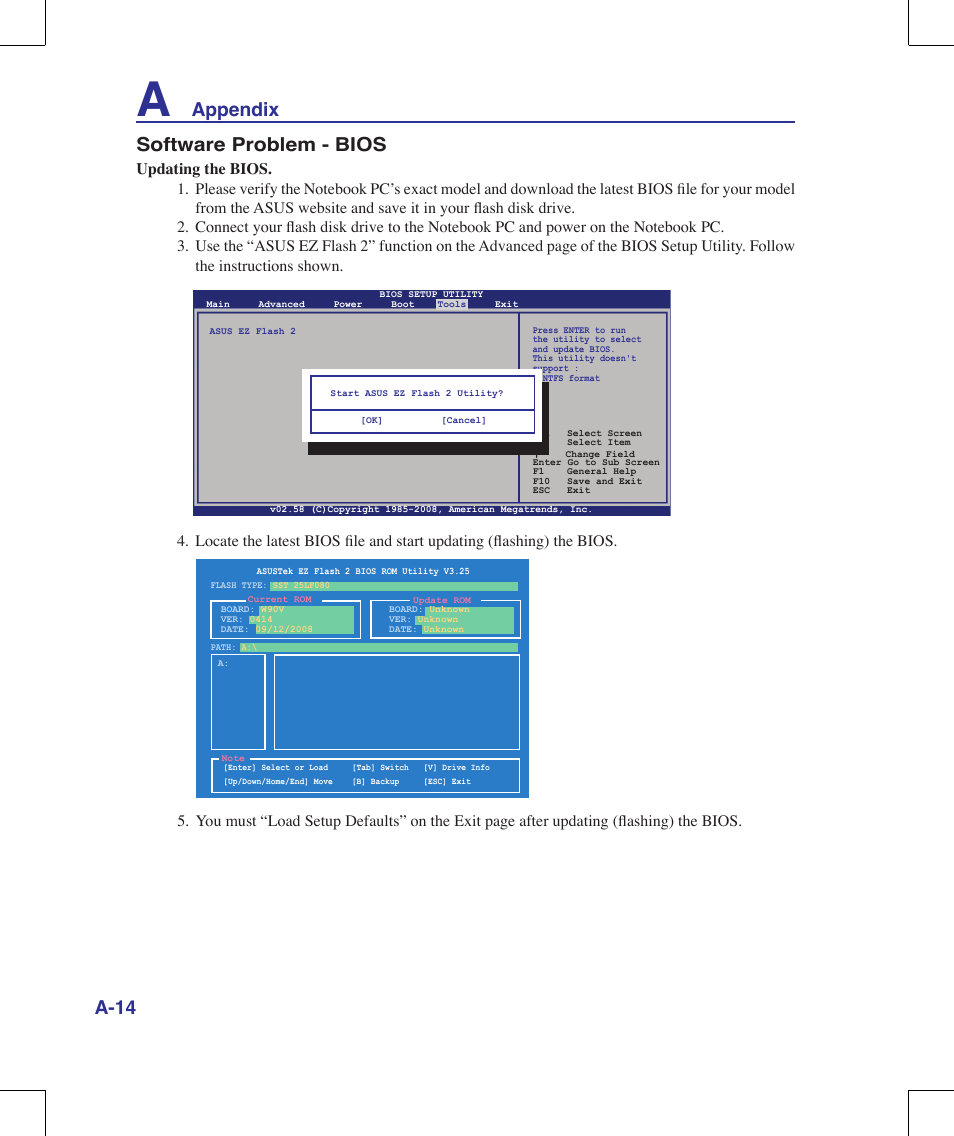 Appendix a-14 software problem - bios | Asus W90V User Manual | Page 74 / 95