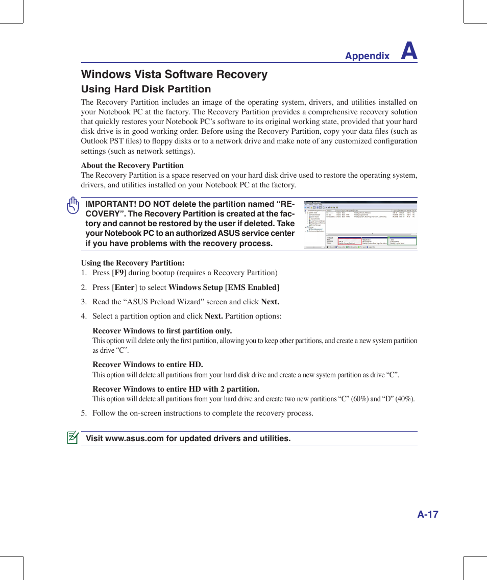 Windows vista software recovery | Asus W90V User Manual | Page 77 / 95