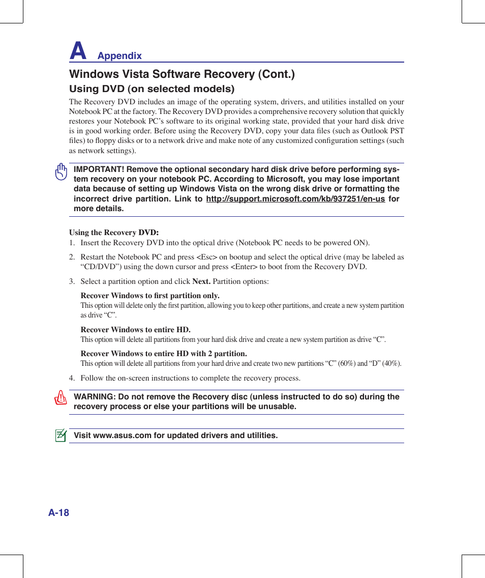 Windows vista software recovery (cont.) | Asus W90V User Manual | Page 78 / 95