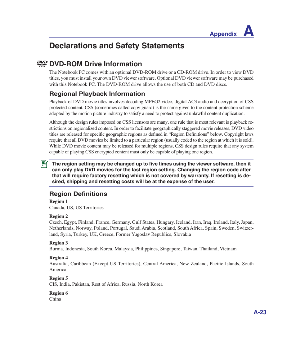 Declarations and safety statements, Dvd-rom drive information | Asus W90V User Manual | Page 83 / 95