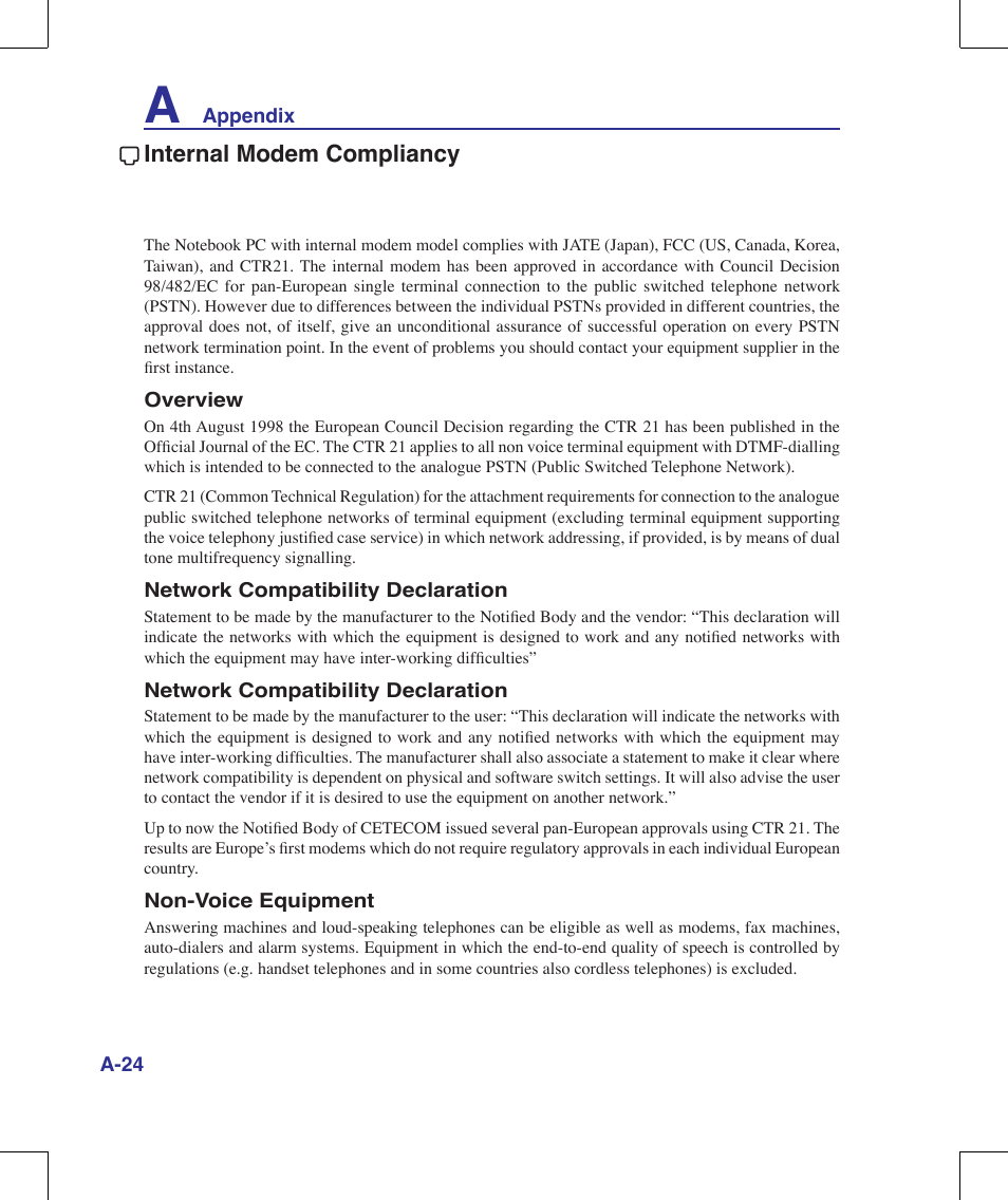 Internal modem compliancy | Asus W90V User Manual | Page 84 / 95