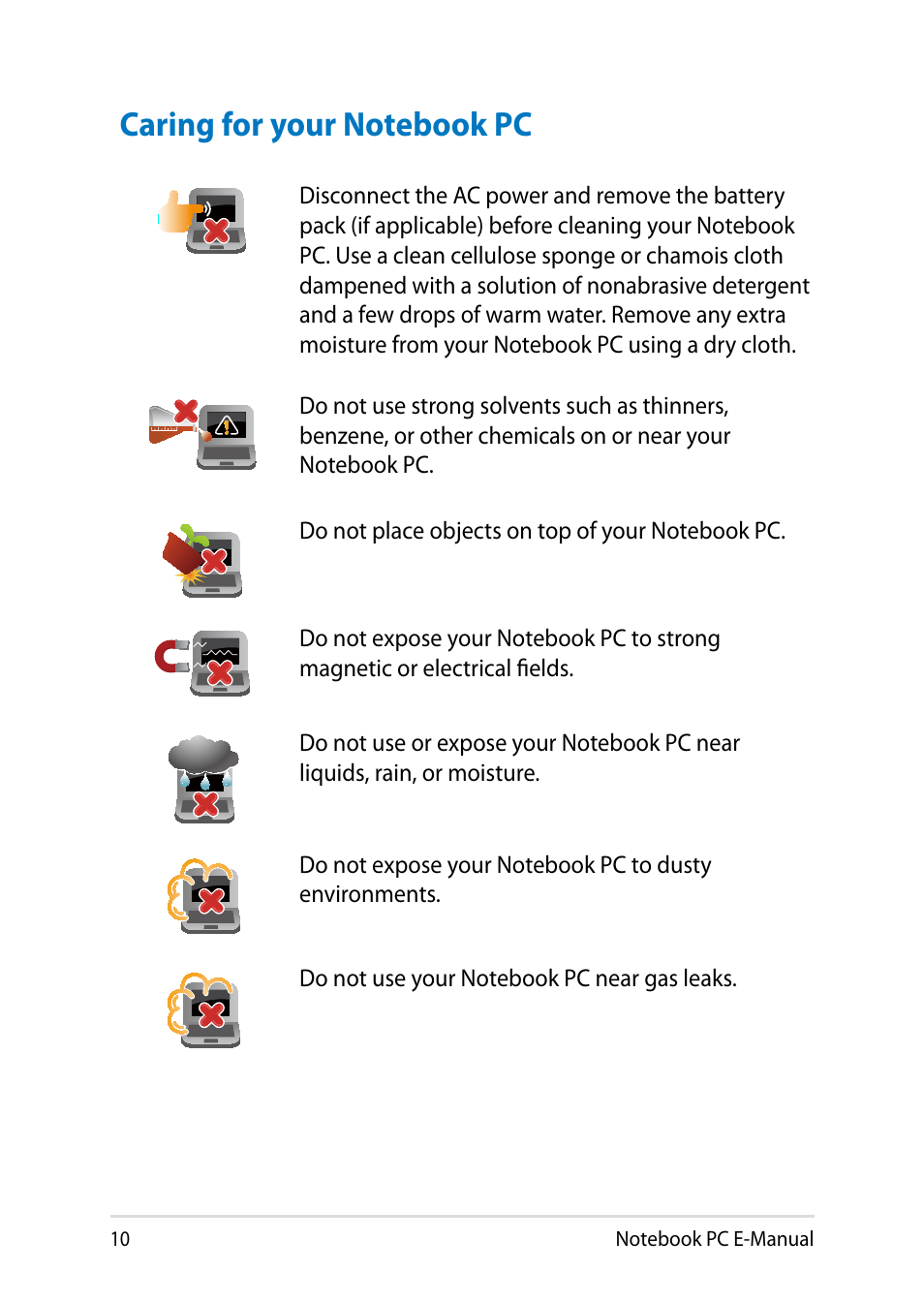 Caring for your notebook pc | Asus X450JF User Manual | Page 10 / 130