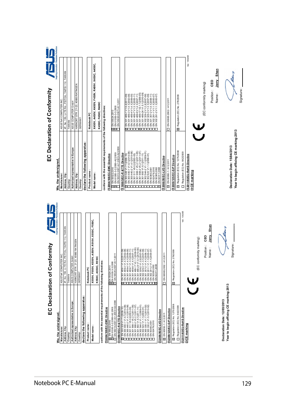 Ec declaration of conformity | Asus X450JF User Manual | Page 129 / 130
