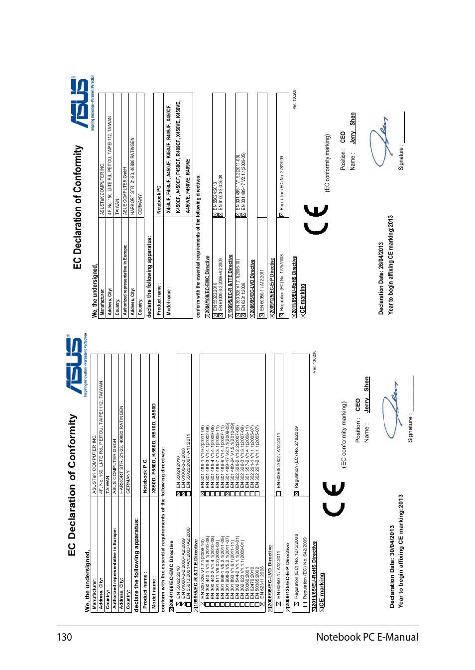 Ec declaration of conformity | Asus X450JF User Manual | Page 130 / 130